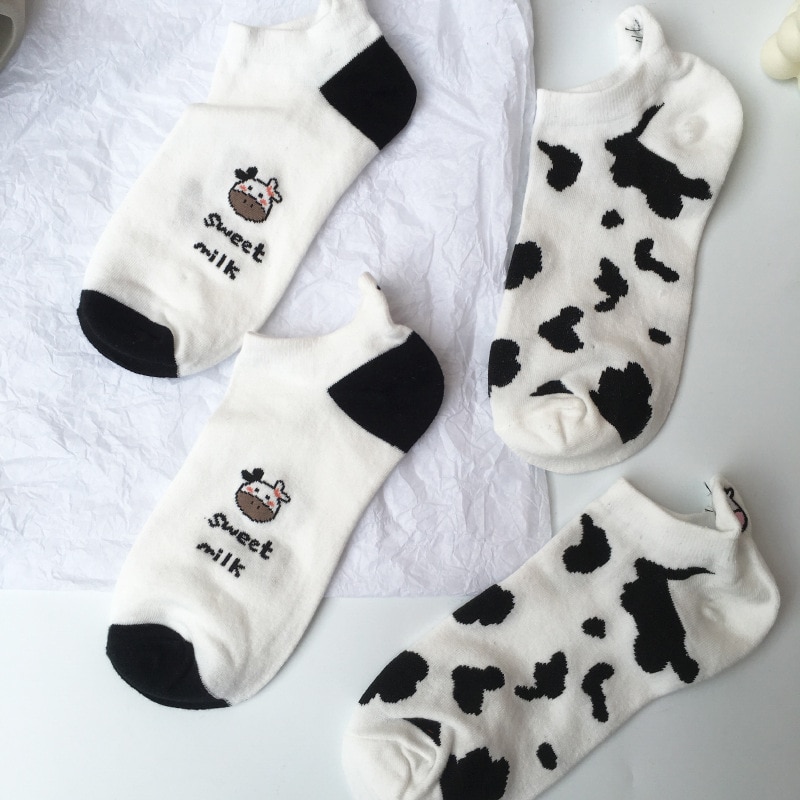 2 Pair Pack Cow Print Socks Woman Animal Cute Cartoon Black White Spots Cotton Casual Wholesale 2 - The Cow Print