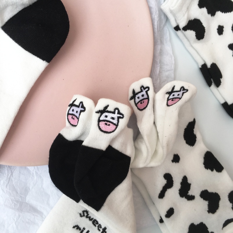 2 Pair Pack Cow Print Socks Woman Animal Cute Cartoon Black White Spots Cotton Casual Wholesale 4 - The Cow Print
