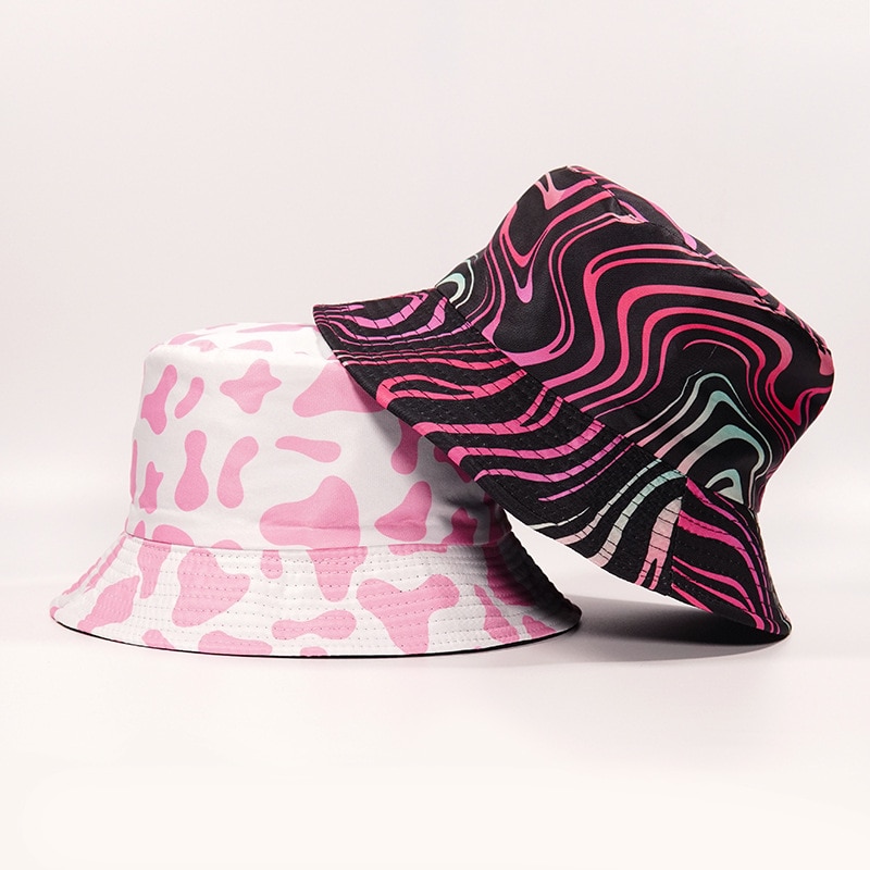 2021 New Summer Reversible Pink Cow Print Bucket Hats Men Women Striped Bob Outddor Street Casual 1 - The Cow Print