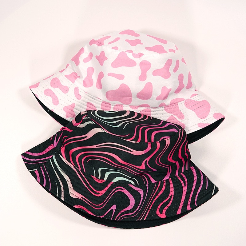 2021 New Summer Reversible Pink Cow Print Bucket Hats Men Women Striped Bob Outddor Street Casual 3 - The Cow Print