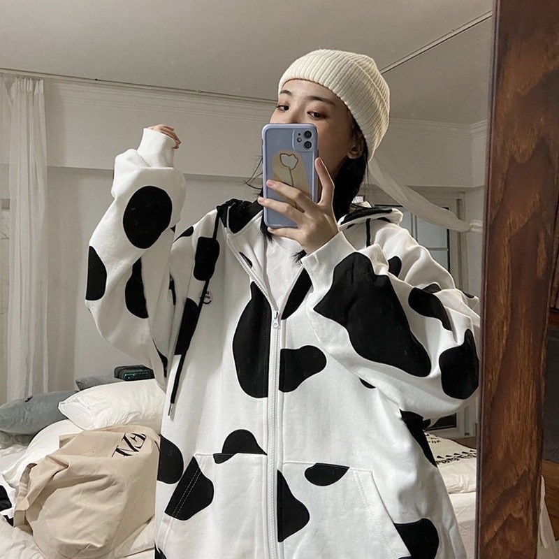Deeptown Cow Print Zip Up Hoodie Women Kawaii Zipper Sweatshirt Korean Style 2021 Autumn Winter Cute 1 - The Cow Print