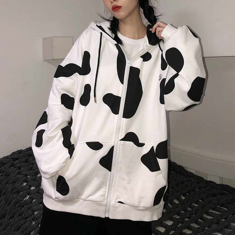 Deeptown Cow Print Zip Up Hoodie Women Kawaii Zipper Sweatshirt Korean Style 2021 Autumn Winter Cute 2 - The Cow Print