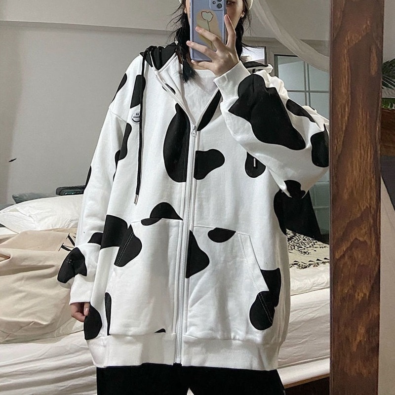 Deeptown Cow Print Zip Up Hoodie Women Kawaii Zipper Sweatshirt Korean Style 2021 Autumn Winter Cute 3 - The Cow Print