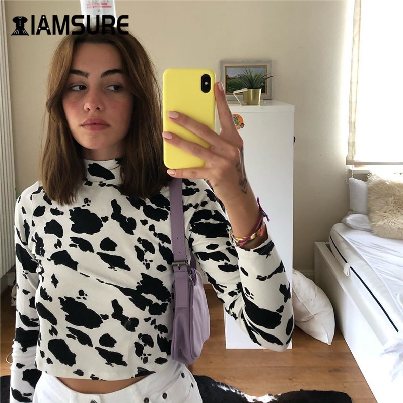 IAMSURE 2020 Autumn Long Sleeve Crop Top Shirt For Women Streetwear Fashion Animal Cow Print Slim 1 - The Cow Print
