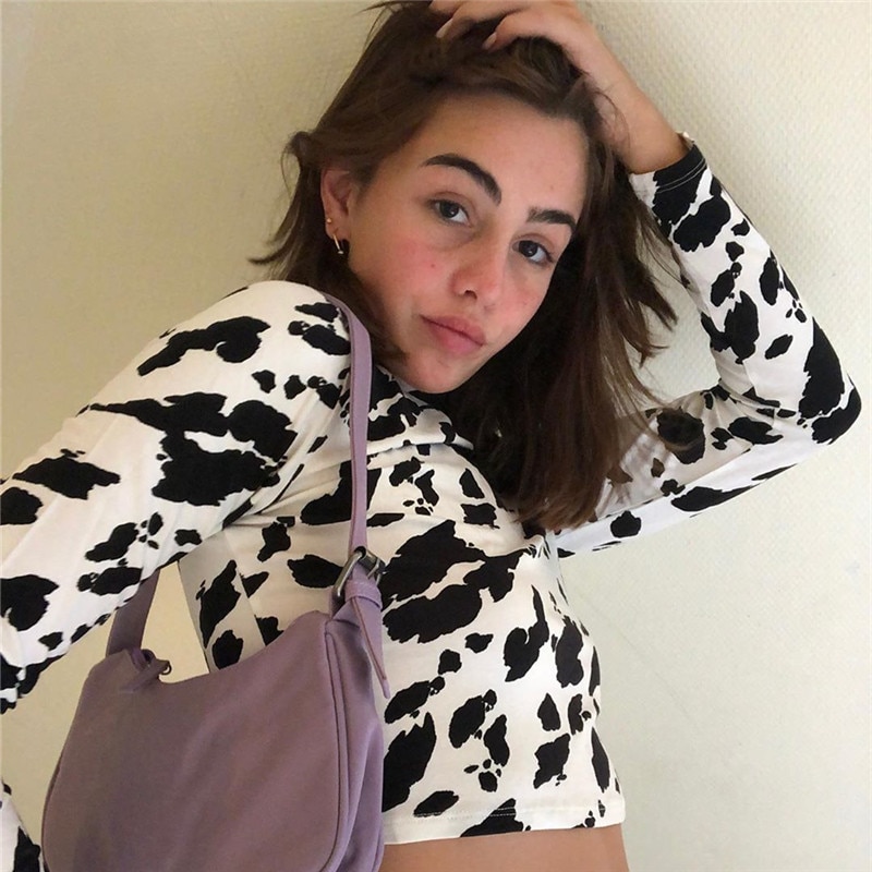 IAMSURE 2020 Autumn Long Sleeve Crop Top Shirt For Women Streetwear Fashion Animal Cow Print Slim 4 - The Cow Print