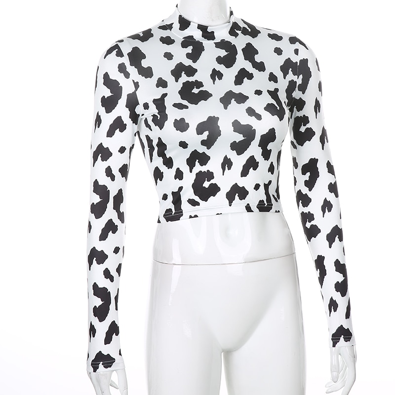IAMSURE 2020 Autumn Long Sleeve Crop Top Shirt For Women Streetwear Fashion Animal Cow Print Slim - The Cow Print