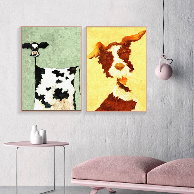 Modern Cartoon Dog Milk Cows Canvas Painting Wall Art Cute Animals Posters Prints for Kidroom Home - The Cow Print