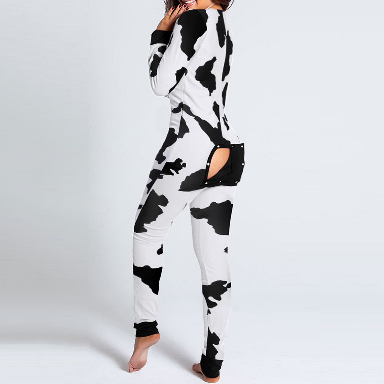 New Women Fashion Elegant Casual Animals Cow Print Functional Buttoned Flap Adults Pajamas Jumpsuit Sexy Ladies - The Cow Print