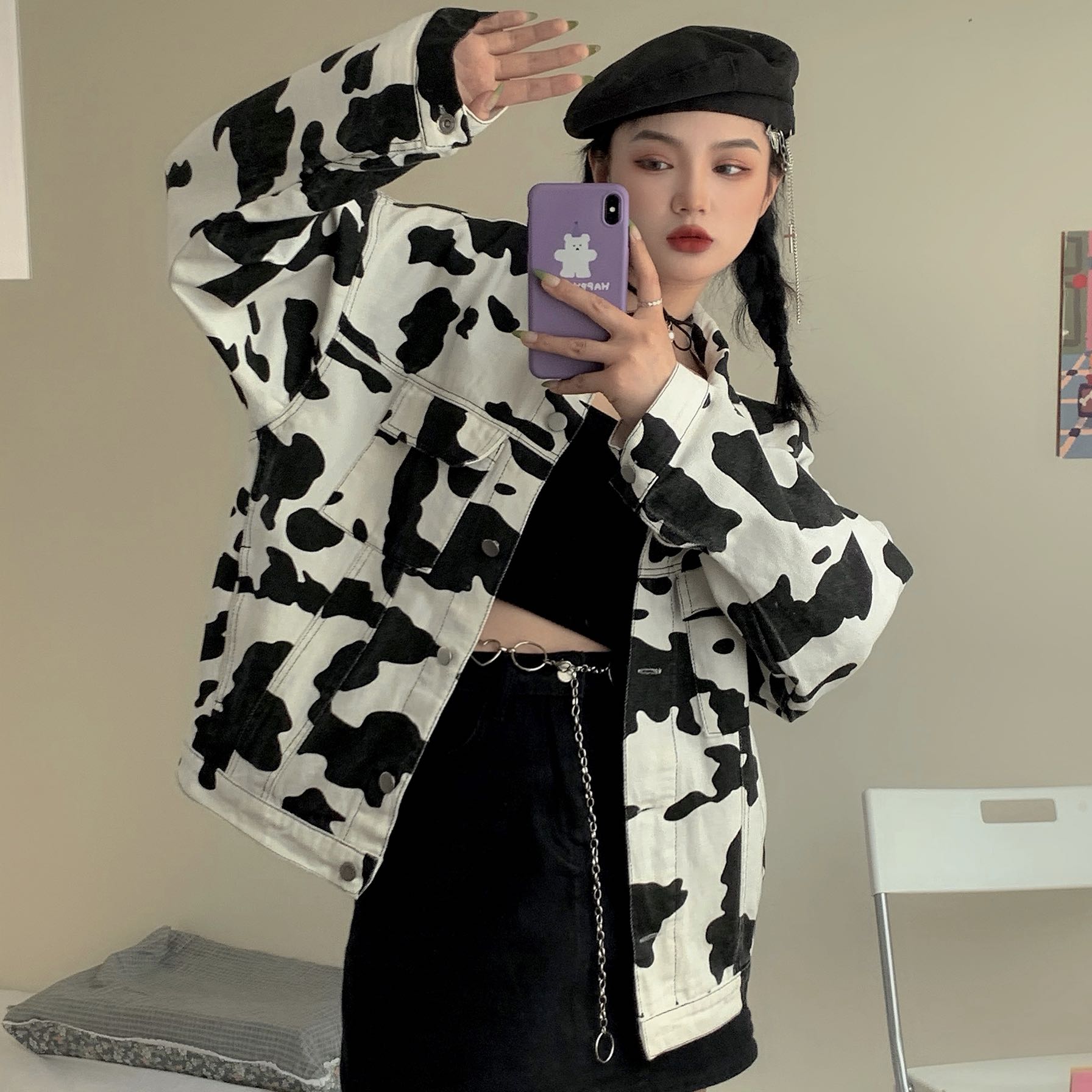 Plus Size Fashion Cow Print Jacket Women 2020 Autumn Coat Casual Long Sleeve Turn Down Collar - The Cow Print