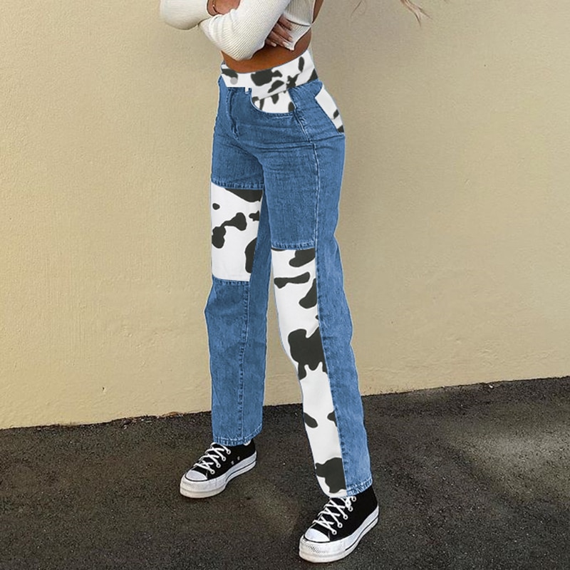 SUCHCUTE Cow Print Patchwork Women s Jeans Pants High Waist Female Straight Trousers Streetwear 90s Casual 1 - The Cow Print