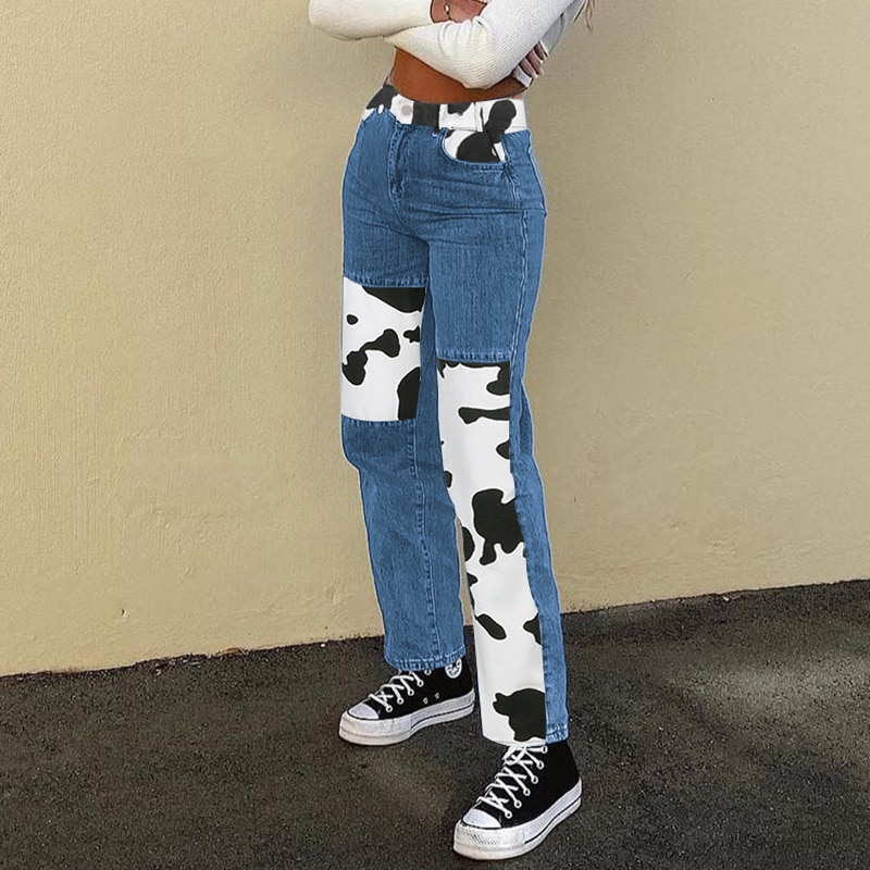 SUCHCUTE Cow Print Patchwork Women s Jeans Pants High Waist Female Straight Trousers Streetwear 90s Casual 2 - The Cow Print