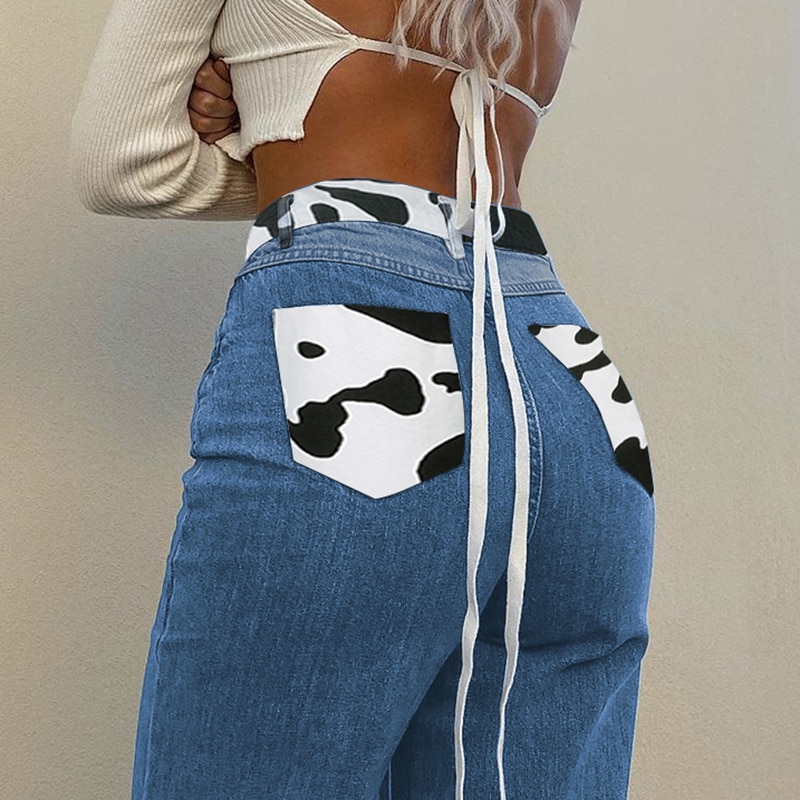 SUCHCUTE Cow Print Patchwork Women s Jeans Pants High Waist Female Straight Trousers Streetwear 90s Casual 3 - The Cow Print