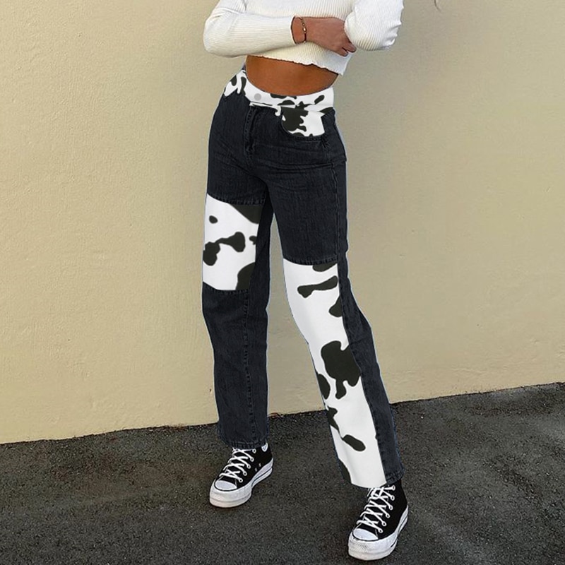 SUCHCUTE Cow Print Patchwork Women s Jeans Pants High Waist Female Straight Trousers Streetwear 90s Casual 4 - The Cow Print
