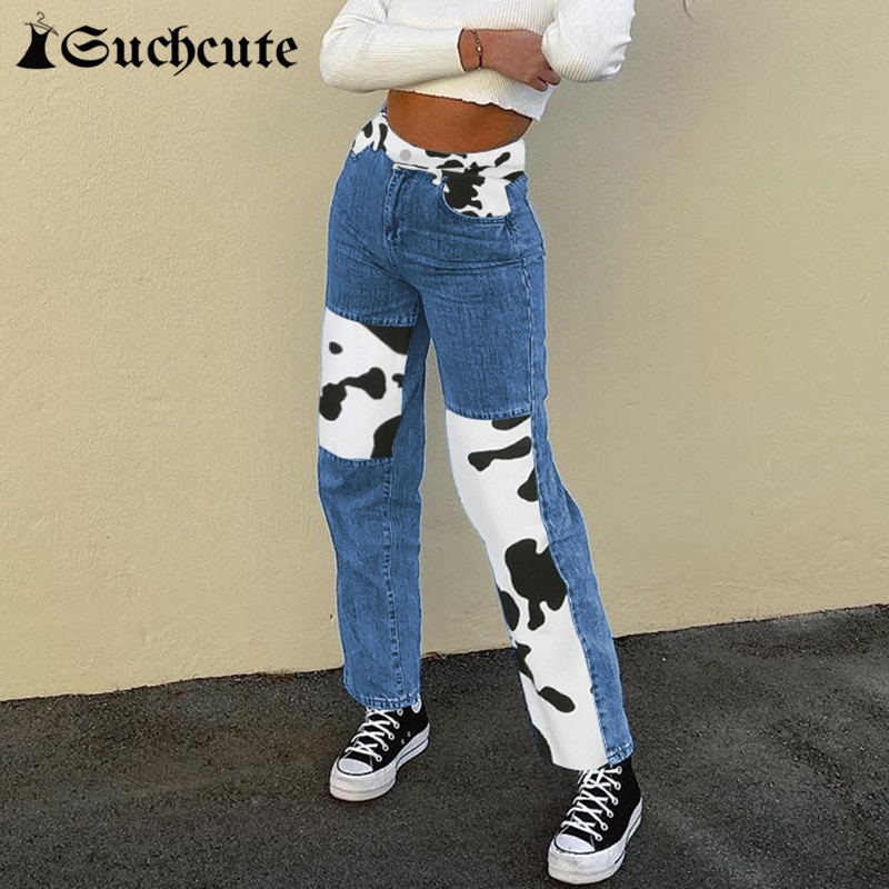 SUCHCUTE Cow Print Patchwork Women s Jeans Pants High Waist Female Straight Trousers Streetwear 90s Casual - The Cow Print