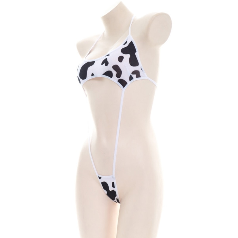 Women Cute Milk Cow Print Bikini Bodysuit Sexy Halter Backless Cutout Micro Jumpsuit Strappy Erotic Cosplay 1 - The Cow Print