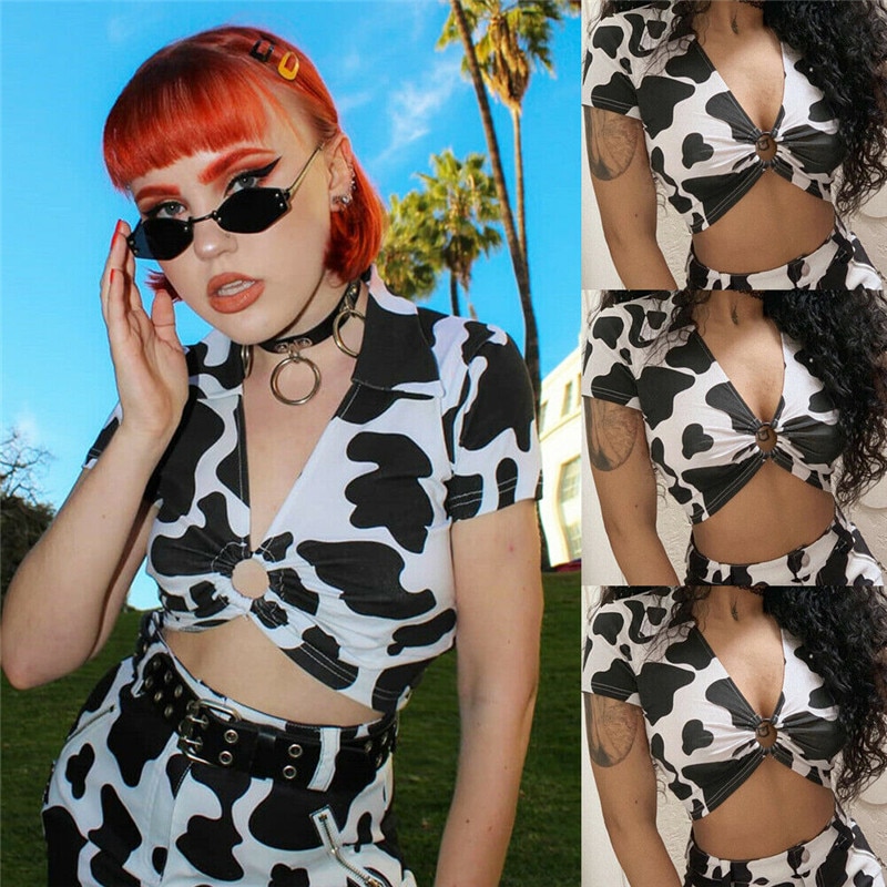 Women Tees New Fashion Sexy Black White Cow Print Ring Hollow Crop Tops Summer T Shirts 1 - The Cow Print