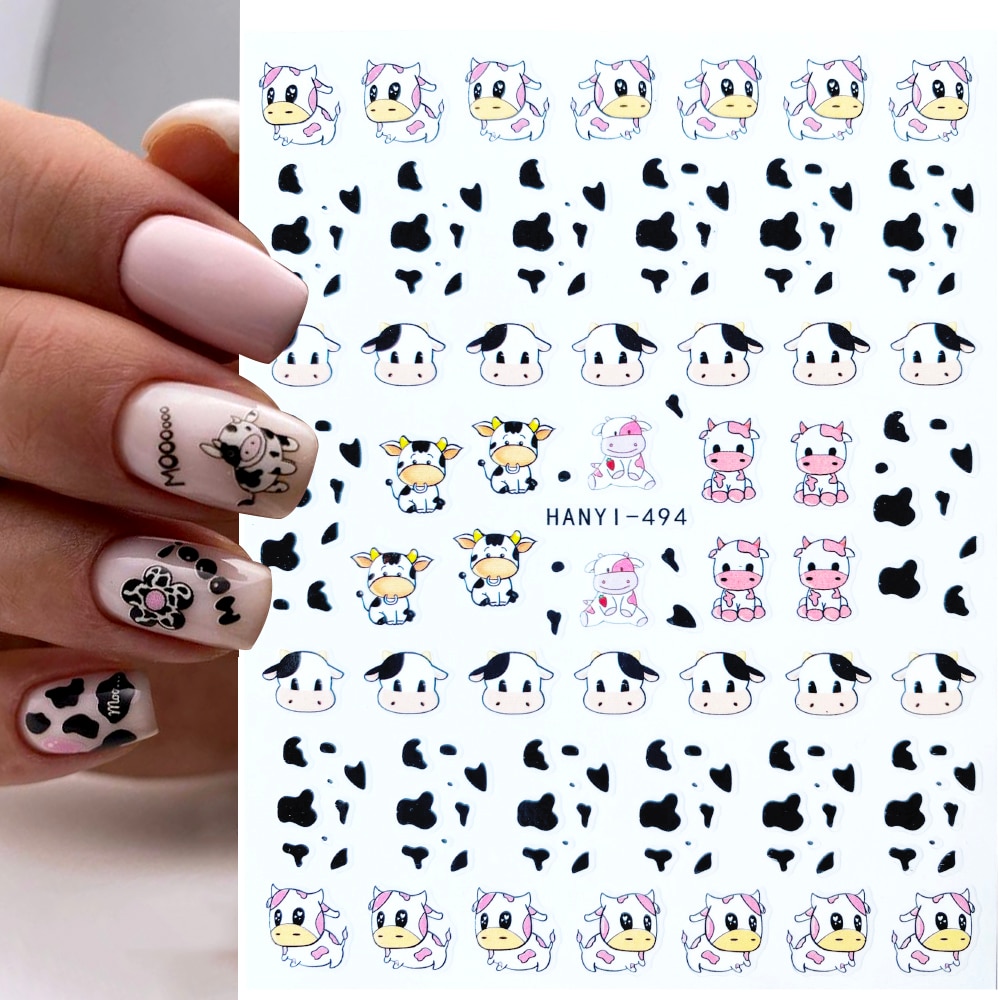 1pcs Cow Print 3D Nails Sticker Black White Mix Spots Animal New Year designer Nail Slider - The Cow Print