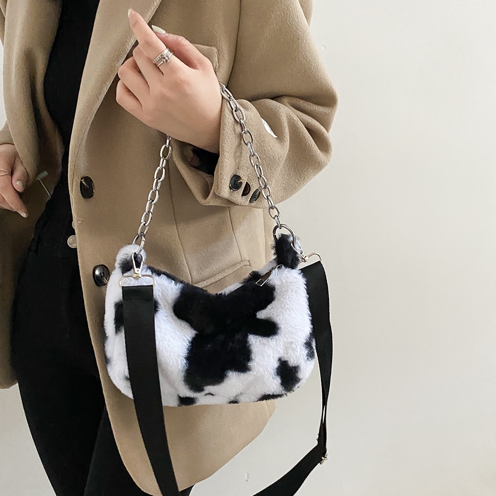 2021 New Winter Cow Print Shoulder Bags For Women Soft Plush Handbag Female Chain Bag Crossbody 1 - The Cow Print