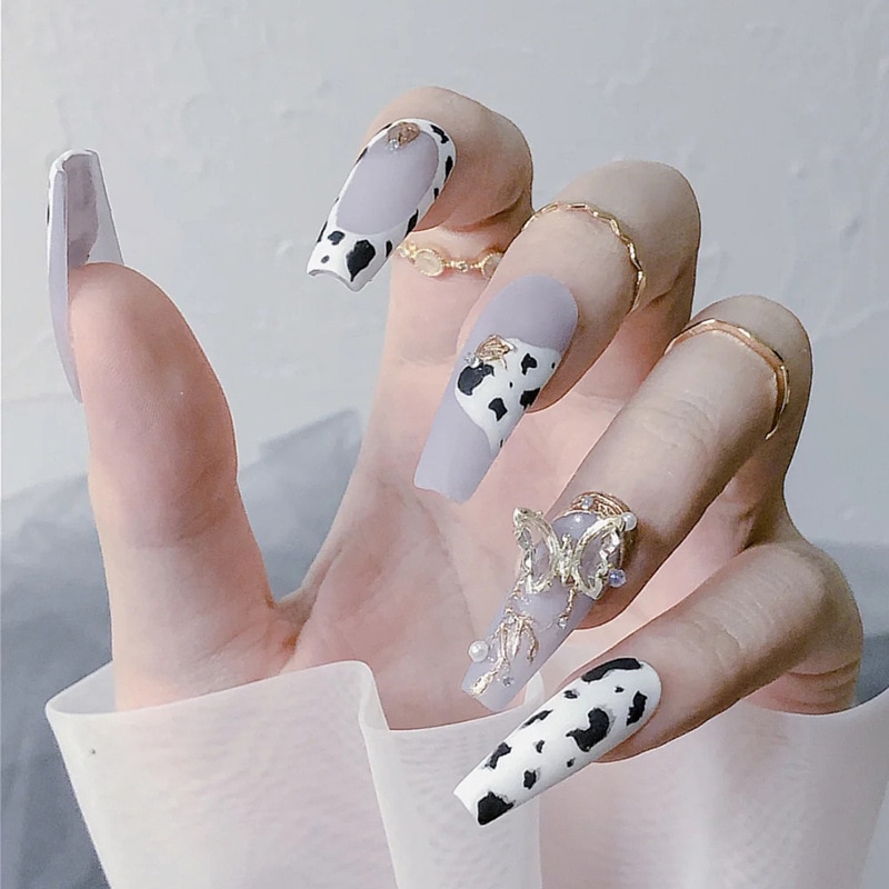 24 Pcs Cow Pattern 3D Butterfly Ballet Fake Nails Love Flame Design Press On Nail Tips - The Cow Print