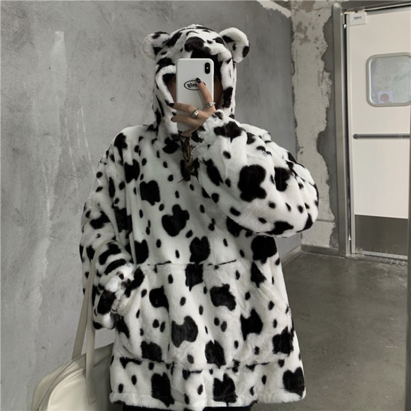 HOUZHOU Cow Print Hoodie Women 2021 Autumn Winter Kawaii Milk Oversized Sweatshirt Sweet Preppy Style Clothes - The Cow Print
