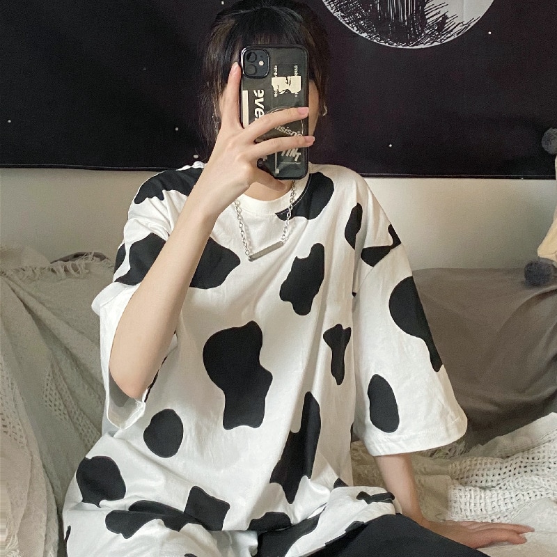 New Ladies T shirt Cow Print T shirt Streetwear Tops Female T shirt Oversized Loose Short - The Cow Print