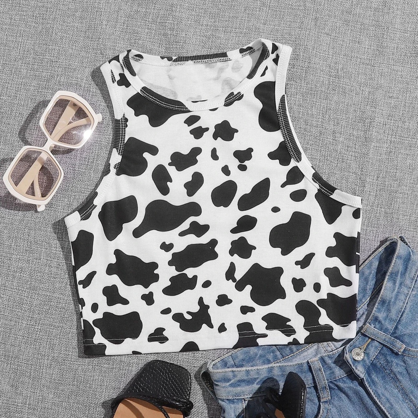 Sexy Women Crop Tops Cow Print Halter Strap Tanks Top Summer Skinny Backless Vest Teen Girls - The Cow Print