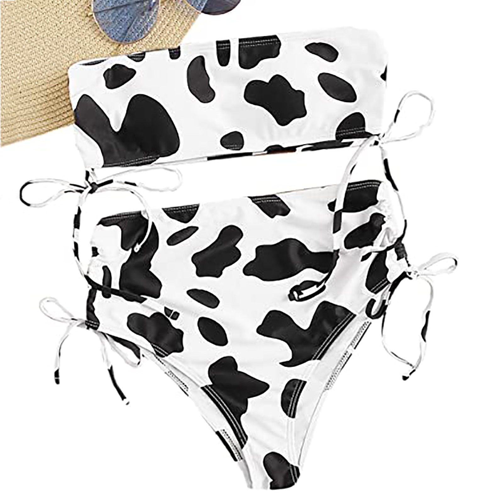 Two Piece Bandeau Bikini Sexy High Waist Swimsuit Female Swimwear Cow Print Mini Thong Push up - The Cow Print