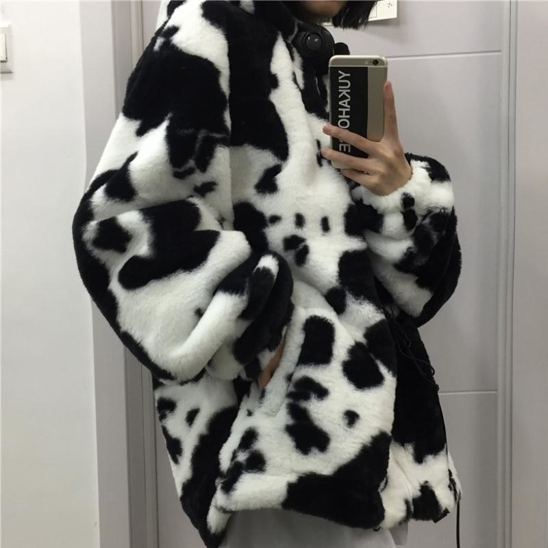 Winter Women Fleece Jackets Furry Teddy Coat Women Harajuku Milk Cow Print Faux Fur Jacket Vintage 1 - The Cow Print