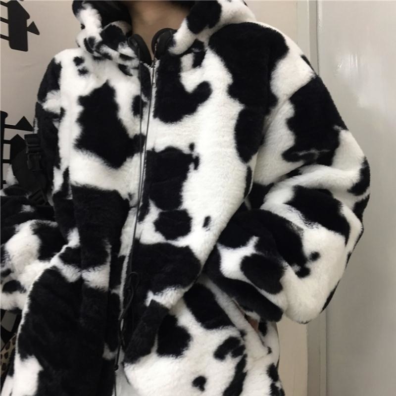 Winter Women Fleece Jackets Furry Teddy Coat Women Harajuku Milk Cow Print Faux Fur Jacket Vintage 2 - The Cow Print