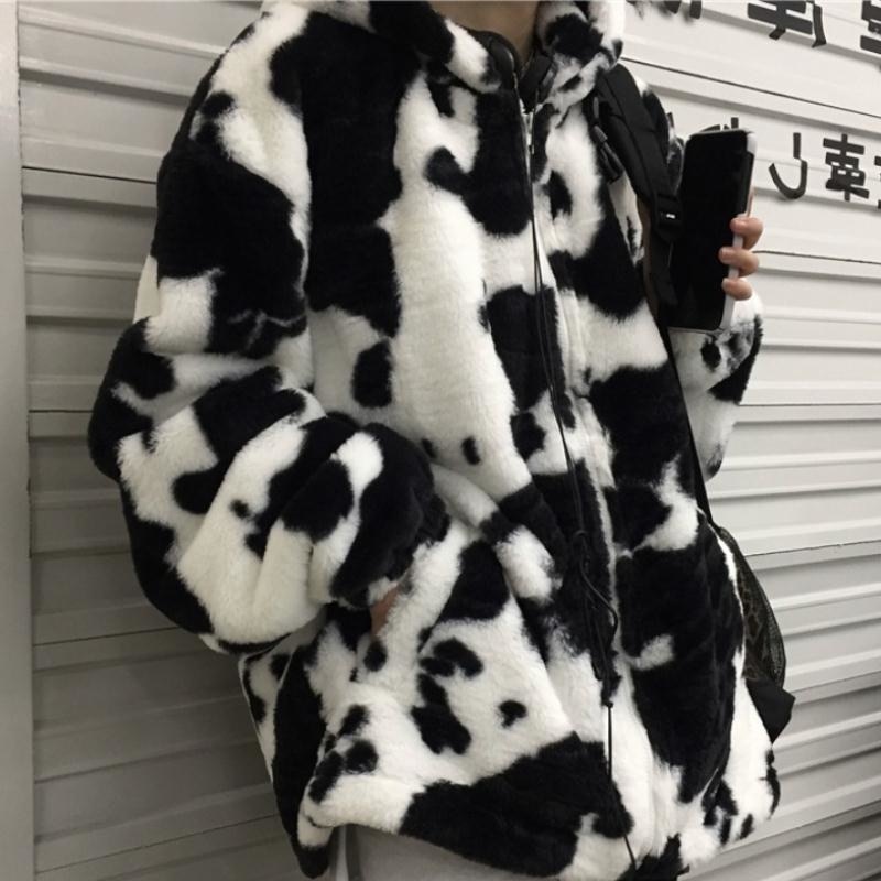 Winter Women Fleece Jackets Furry Teddy Coat Women Harajuku Milk Cow Print Faux Fur Jacket Vintage - The Cow Print