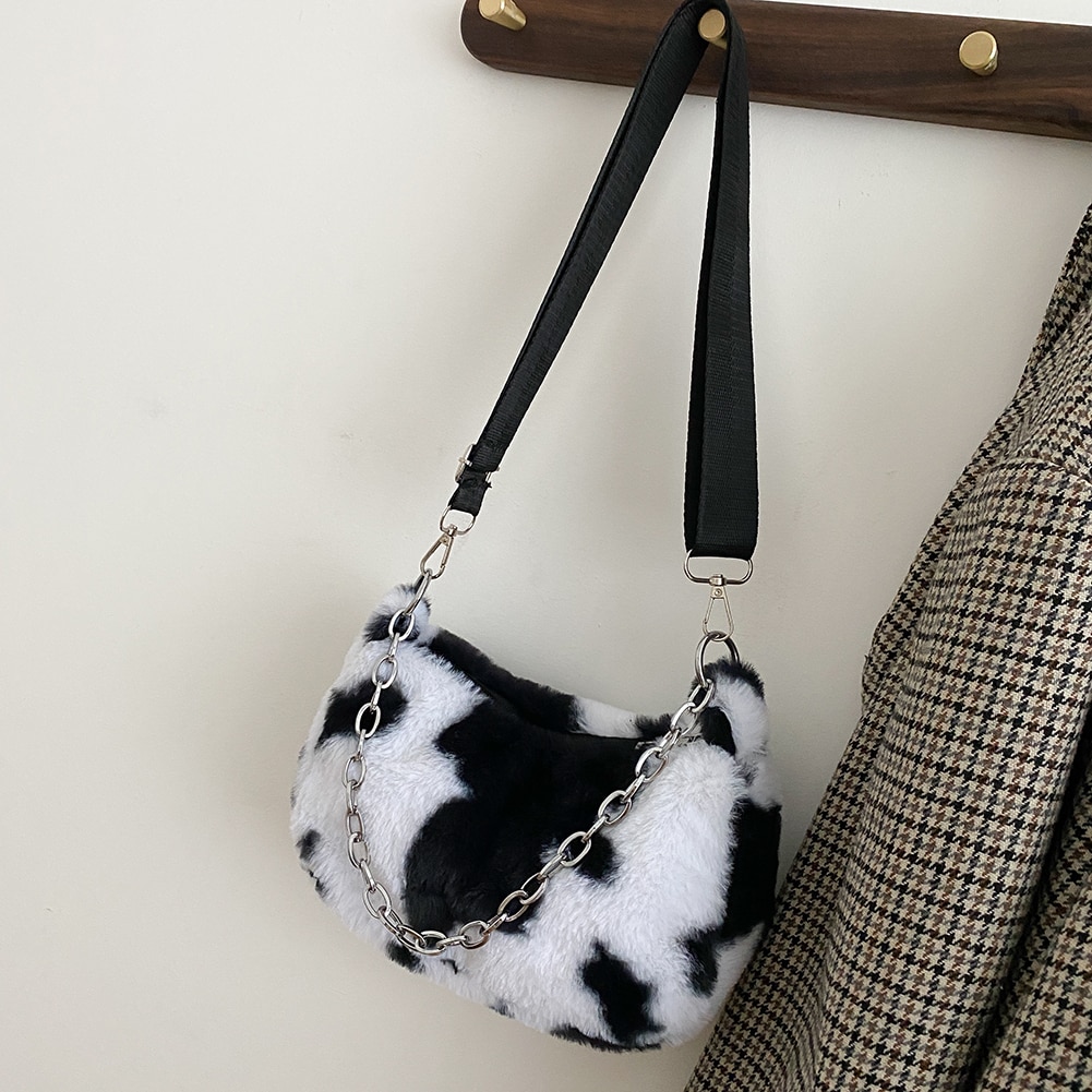 Cow Print Bags - Winter Shoulder Bags Soft Plush Handbag