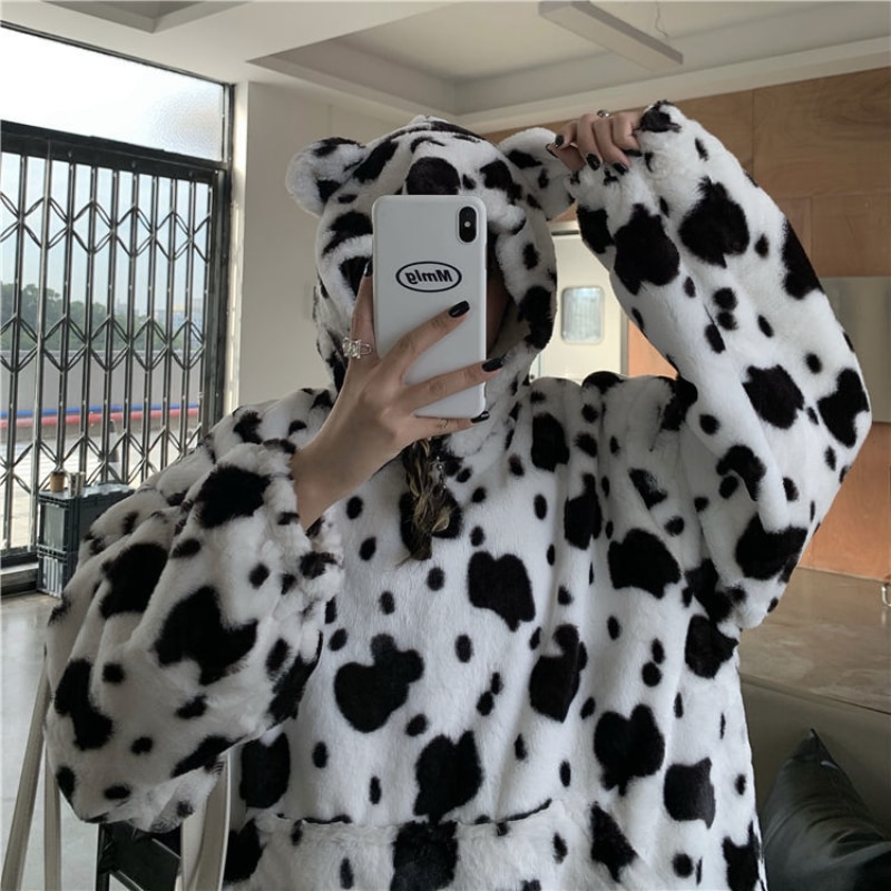 Cow Print Hoodies - Autumn Winter Kawaii Milk Oversized Sweatshirt