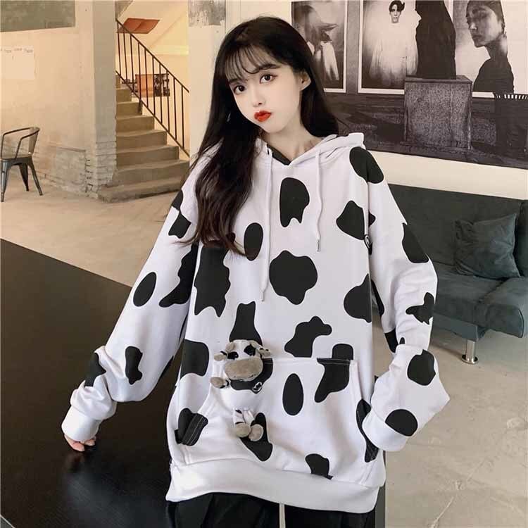 Cow Print Hoodies - Harajuku Pullover Tops Autumn Long Sleeve