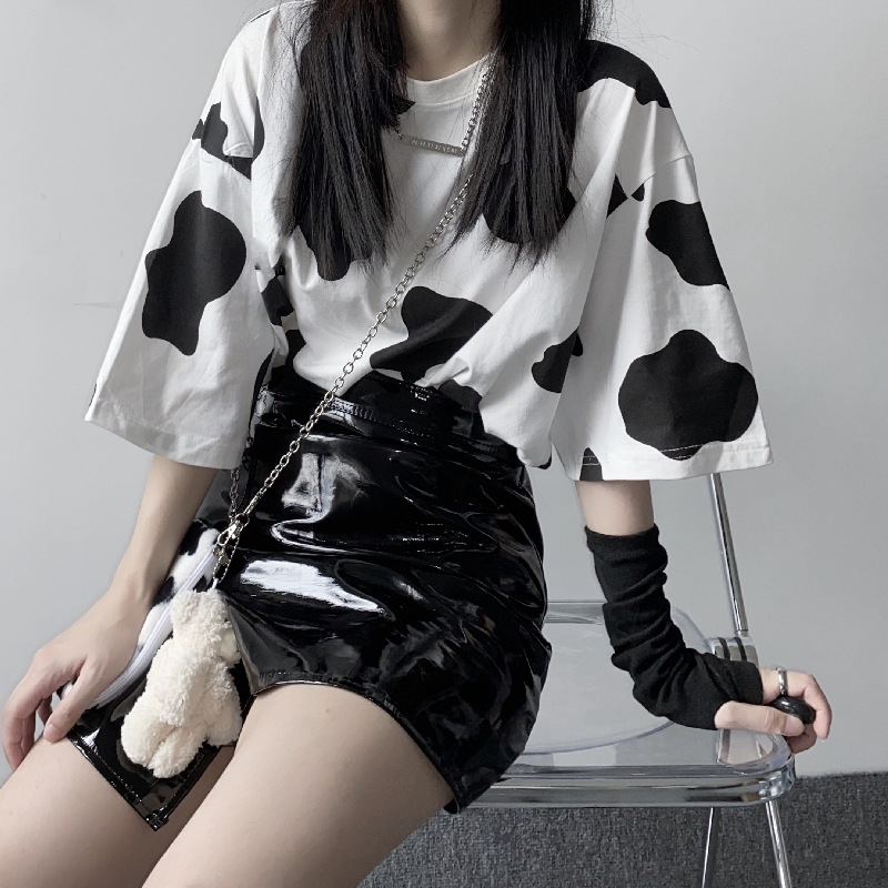 Cow Print T-Shirts - New Ladies Oversized Loose Short Sleeve