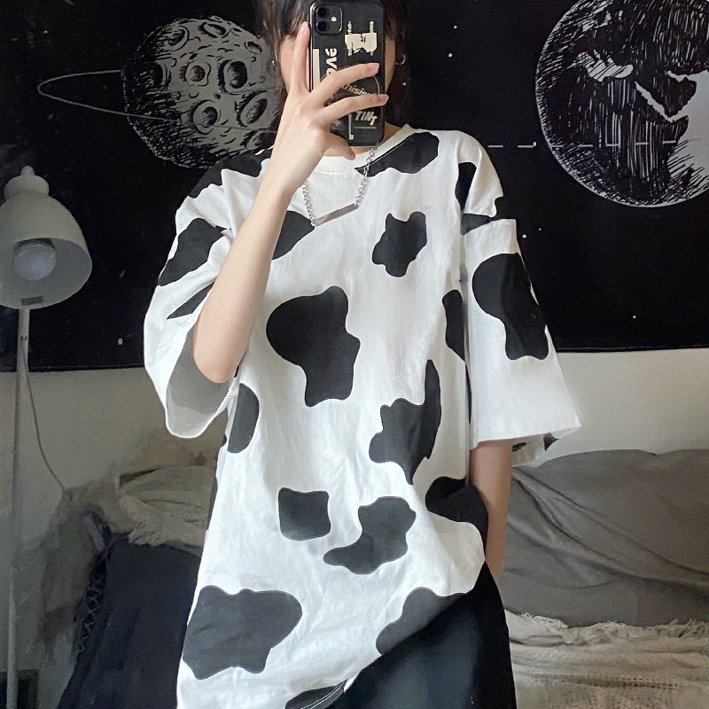 Cow Print T-Shirts - New Ladies Oversized Loose Short Sleeve