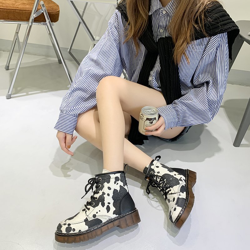2020 New Women Milk Cow Print Round Toes Ankle boots Women Flats Lace up Shoes Woman 5 - The Cow Print
