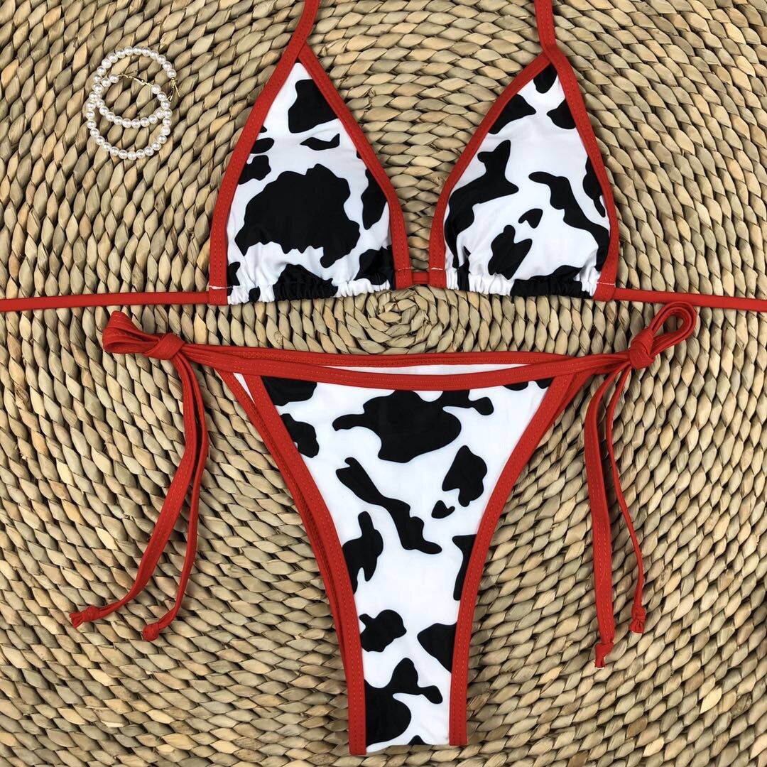 2021 Swimsuit Lacing up Bandage Female Swimwear Triangle Cow Print Beachwear Sexy Bikinis Set Women Bathers 1 - The Cow Print