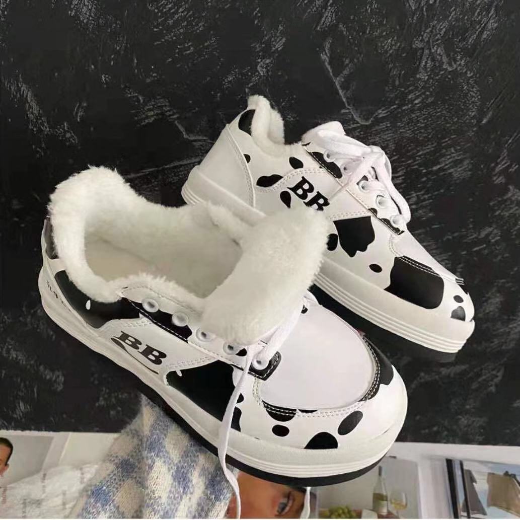2021 Winter Plush Zapatillas Mujer Fashion Cow Print Sneakers Femme Patchwork Warm Women Shoes INS Hot - The Cow Print