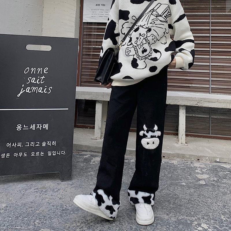 Cow Print Baggy Wide Leg Pants Women Fairy Grunge Punk Japanese Harajuku Trousers Y2k Aesthetic Emo - The Cow Print