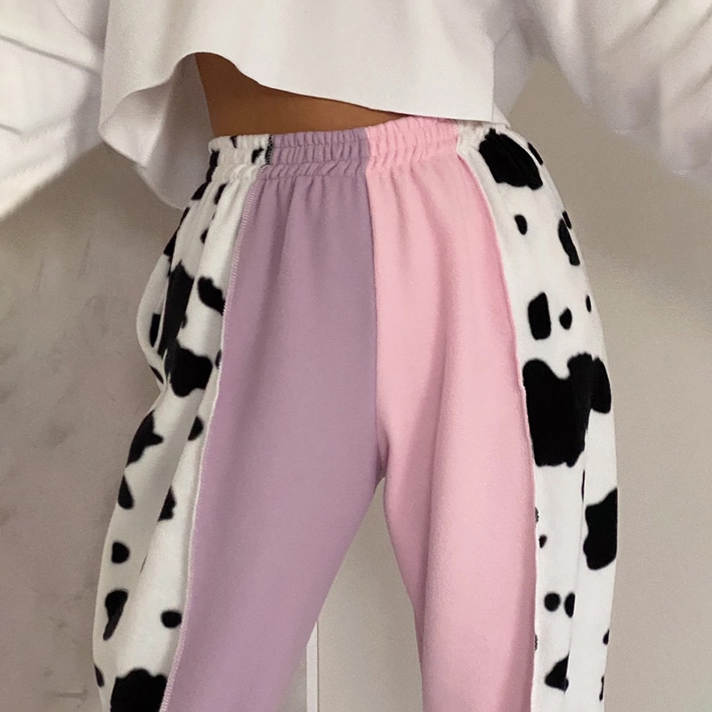 Cow Print Patchwork Sweatpants Women High Waist Trousers Baggy Pencil Pants Harajuku Wide Leg Joggers Streetwear - The Cow Print