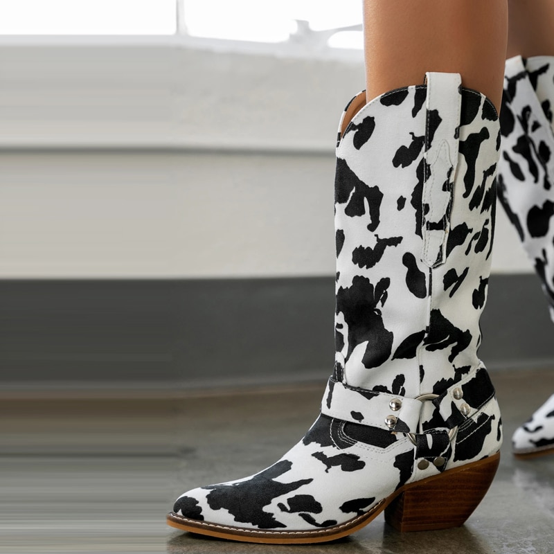 Cow Women Model Shoes Brown Cow Pattern Fall Fashion Ladies Mid Calf Boots Street Style Pointed 1 - The Cow Print