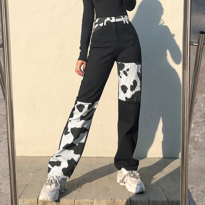 Darlingaga Streetwear Cow Print Patchwork High Waist Jeans Straight Slim Woman Pants Vintage Trousers Contrast Color 1 - The Cow Print