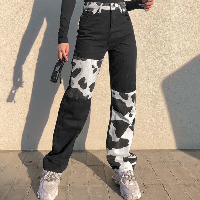 Darlingaga Streetwear Cow Print Patchwork High Waist Jeans Straight Slim Woman Pants Vintage Trousers Contrast Color 3 - The Cow Print