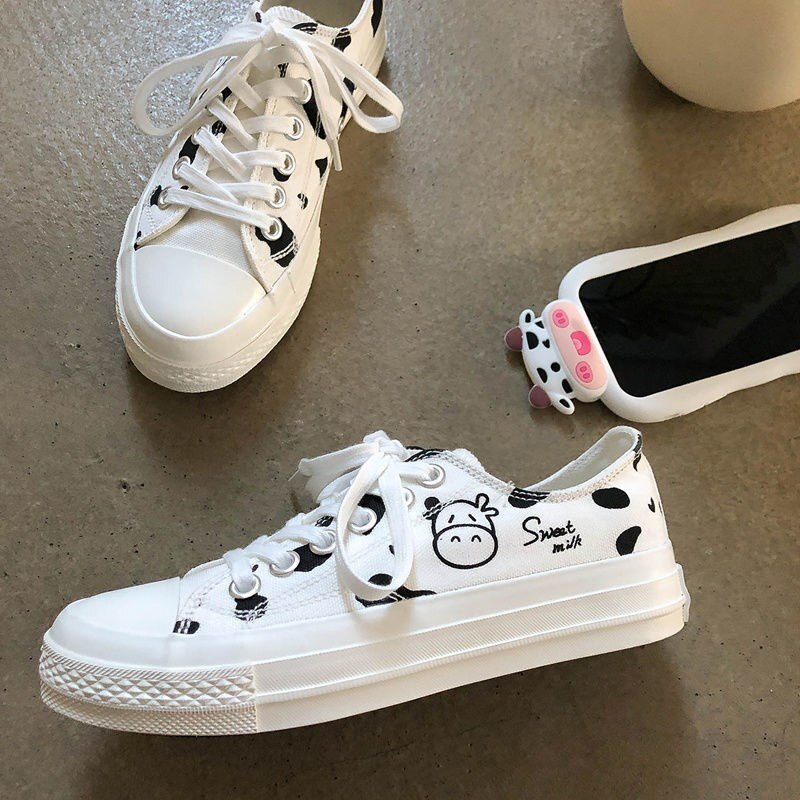 Designer Women Canvas White Sneakers Cartoon Cow Print Shoes High Top Thick Heels Sneakers Casual Running 1 - The Cow Print