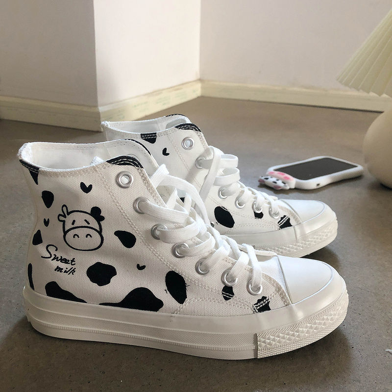 Designer Women Canvas White Sneakers Cartoon Cow Print Shoes High Top Thick Heels Sneakers Casual Running 2 - The Cow Print