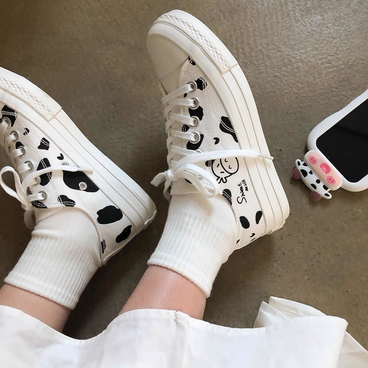 Designer Women Canvas White Sneakers Cartoon Cow Print Shoes High Top Thick Heels Sneakers Casual Running 4 - The Cow Print