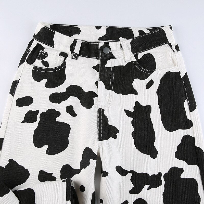 Fashion Denim Pants Retro Joggers Women Cow Print Jeans Baggy Straight Cargo Trouser 2021 y2k Mom 3 - The Cow Print
