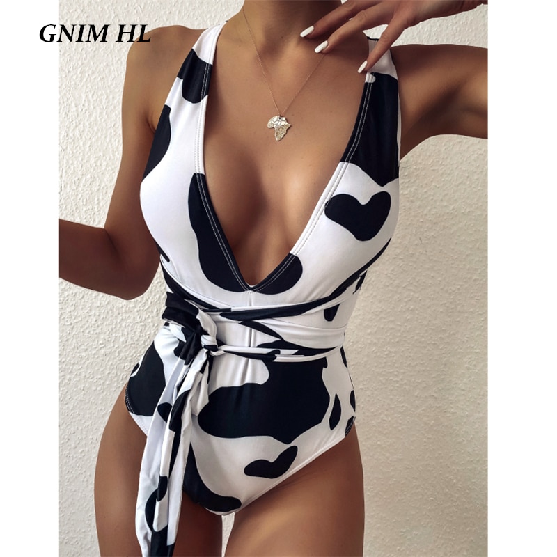 GNIM High Waist Swimwear Women Cow Print Bikini Mujer 2020 Summer Sexy Deep V Neck Bathing - The Cow Print