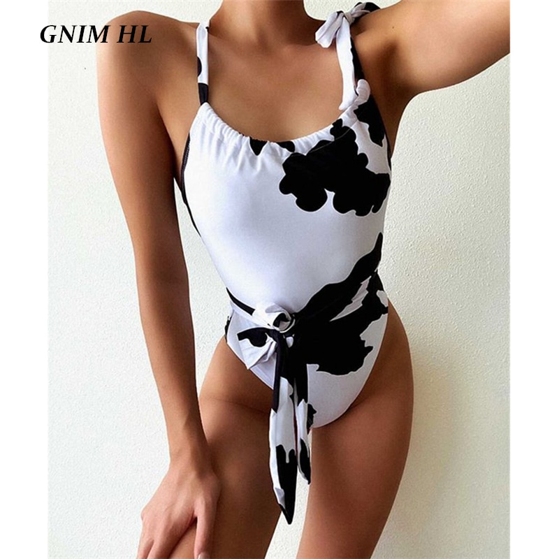 GNIM Sexy Swimwear Women One Piece Cow Print Bandage Swimsuit Female Vintage Monokini Swim Bathing Suit - The Cow Print