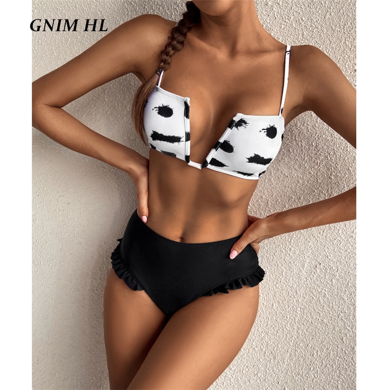 GNIM Sexy V Neck Bikini Swimwear Women Push Up 2021 Summer High Waist Ruffle Swimsuit 2 - The Cow Print